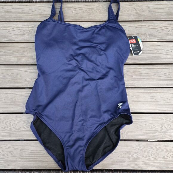 TYR Solid Scoop Neck Tank Control Fit One Piece Swimsuit Navy SIZE 22 New - Picture 1 of 3